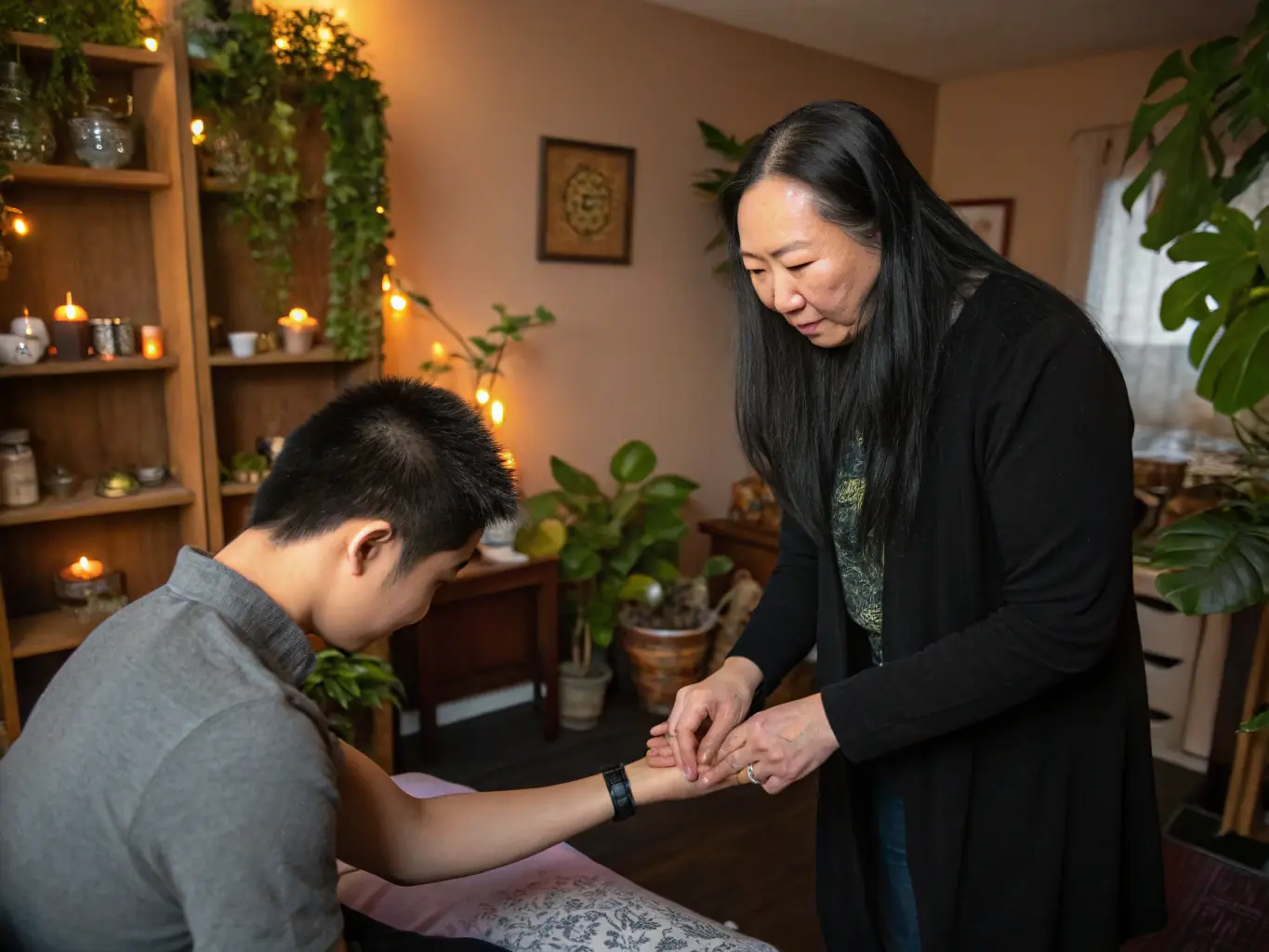 A close-up shot of a practitioner gently testing a client's muscle strength during a bio-kinesiology assessment, with a magnifying glass icon subtly overlaid.