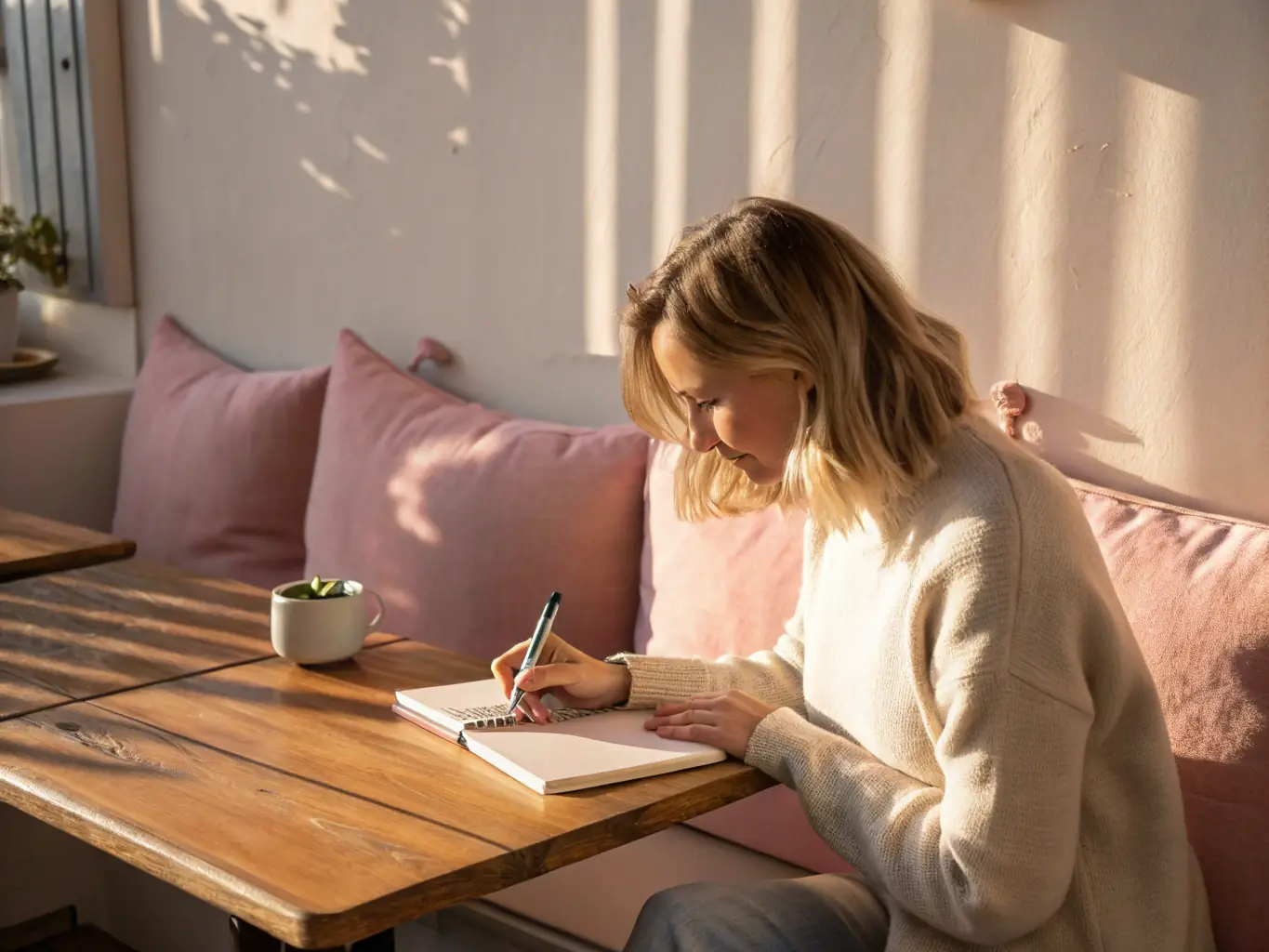 A nutritionist reviewing a client's food journal and supplement plan in a cozy, well-lit consultation room.