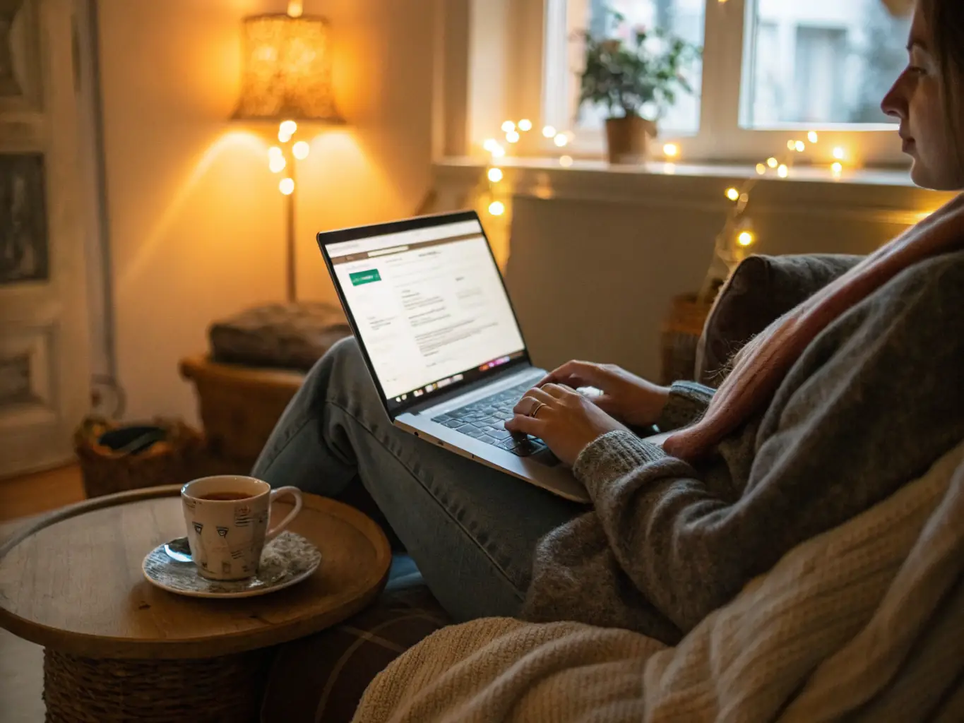 A calming image representing an online bio-kinesiology session, showing a person comfortably at home while receiving guidance remotely.