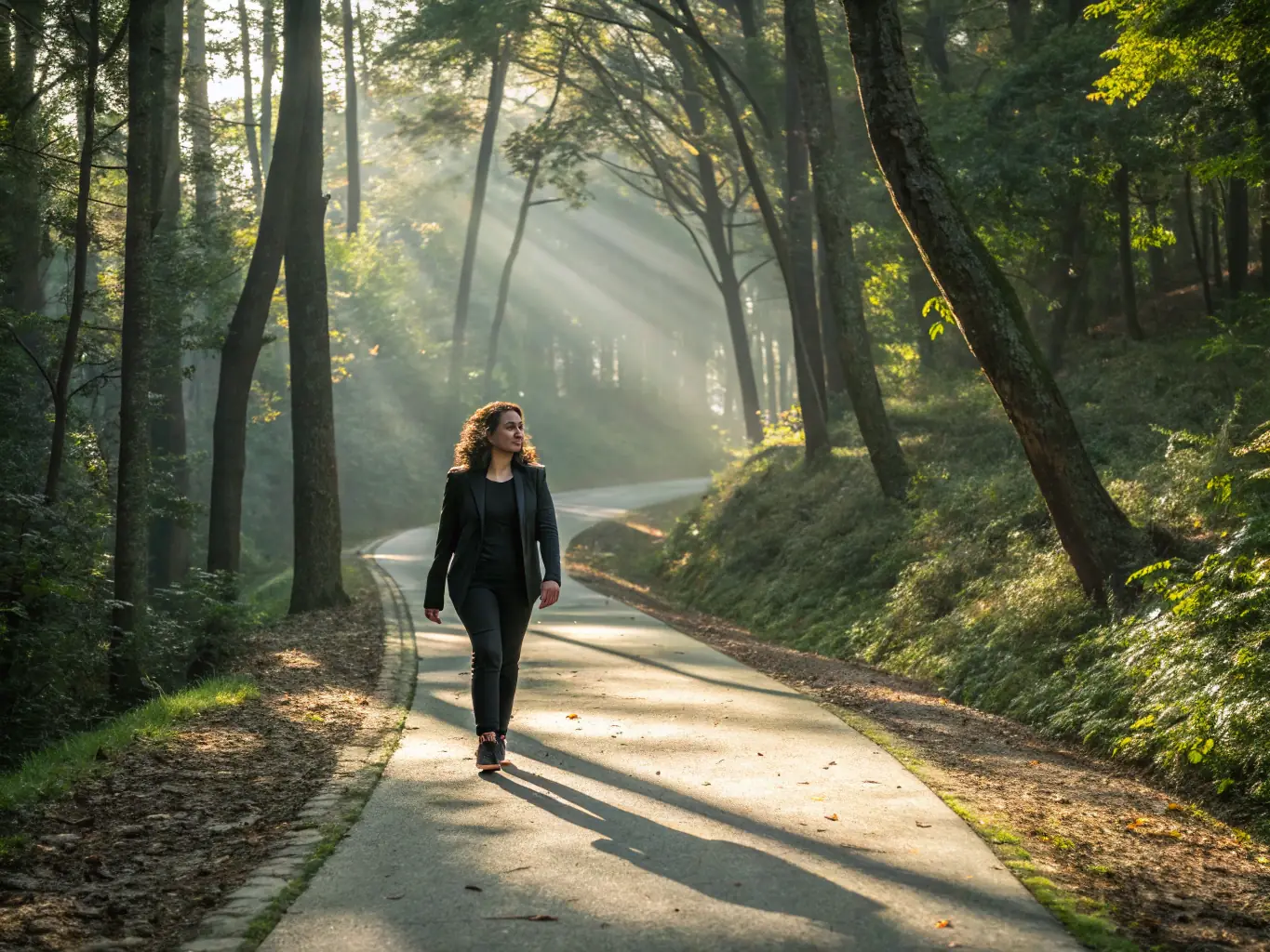 An image of a person walking confidently on a nature trail, symbolizing a personalized wellness journey, with a compass icon subtly overlaid.