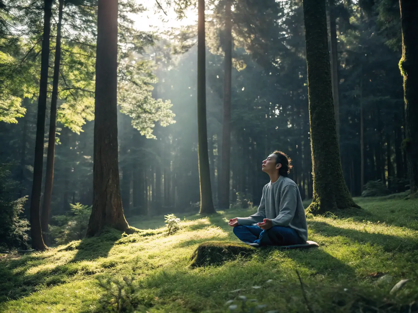An image representing Lifestyle Guidance: A person peacefully meditating outdoors in a lush green environment, with sunlight filtering through the trees. The scene evokes a sense of calm and tranquility.